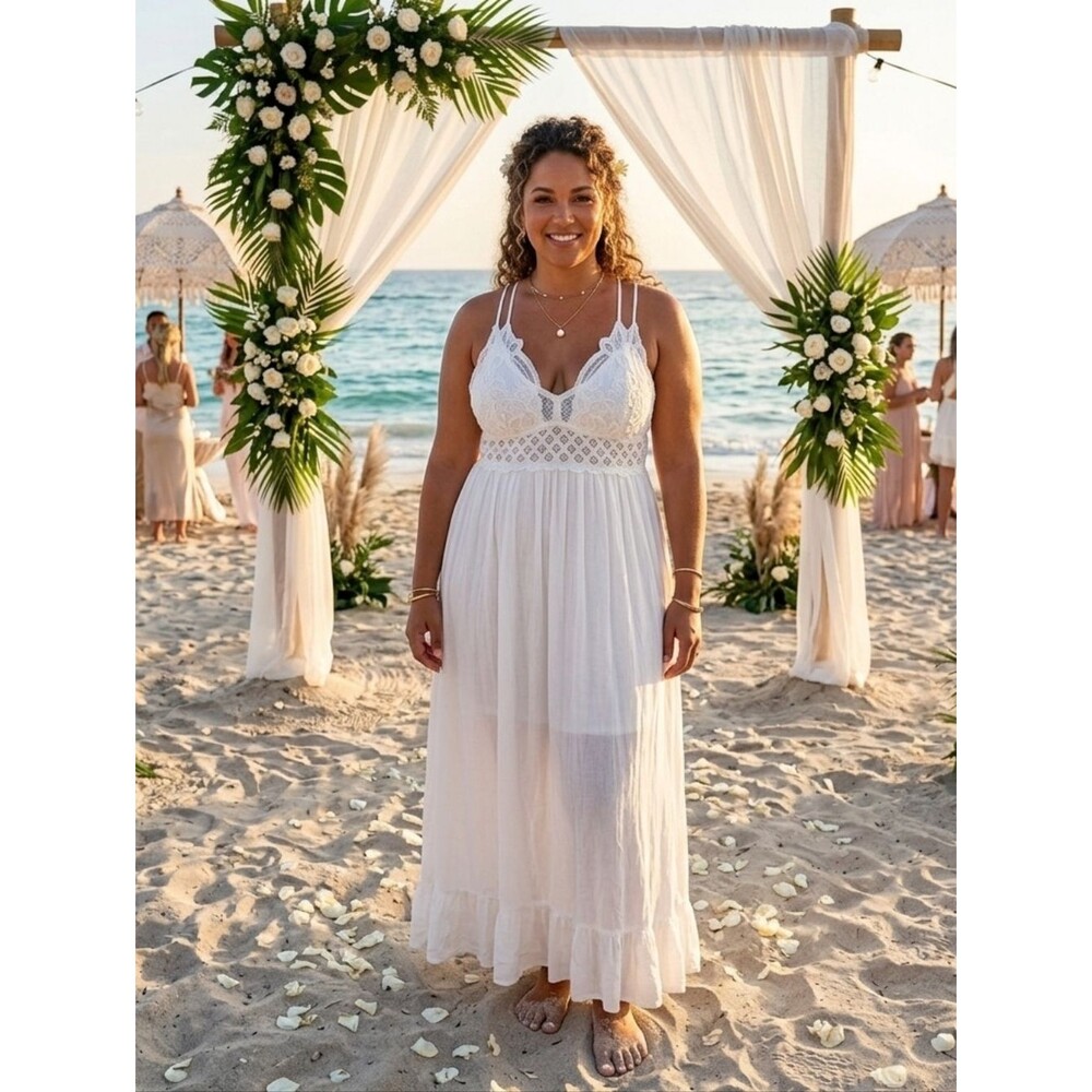 NWT J For Justify White Lace Bodice Gauzy Ruffle Trim Maxi Dress Size 2X